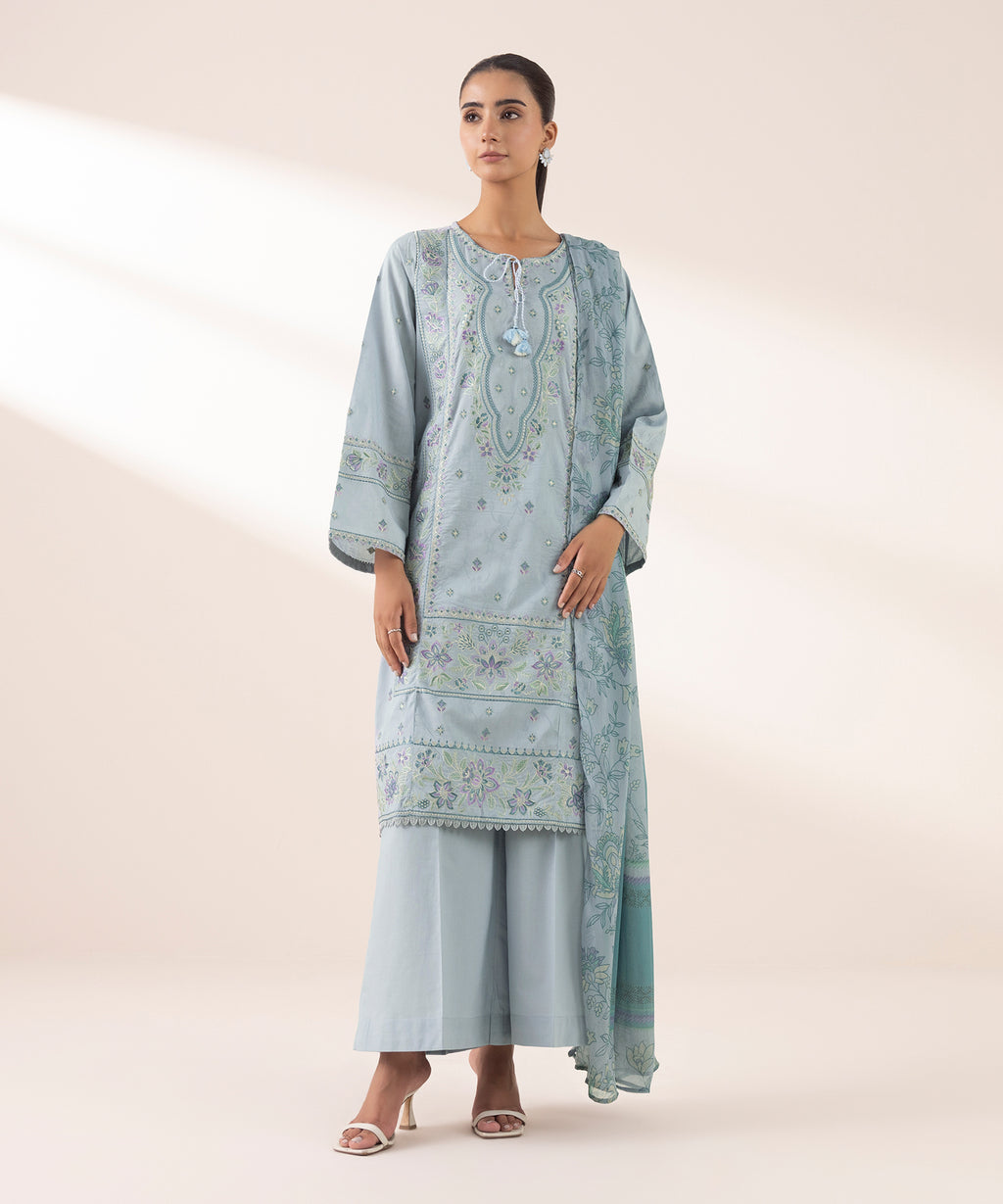 3 Piece - Embroidered Cotton Jacquard Suit