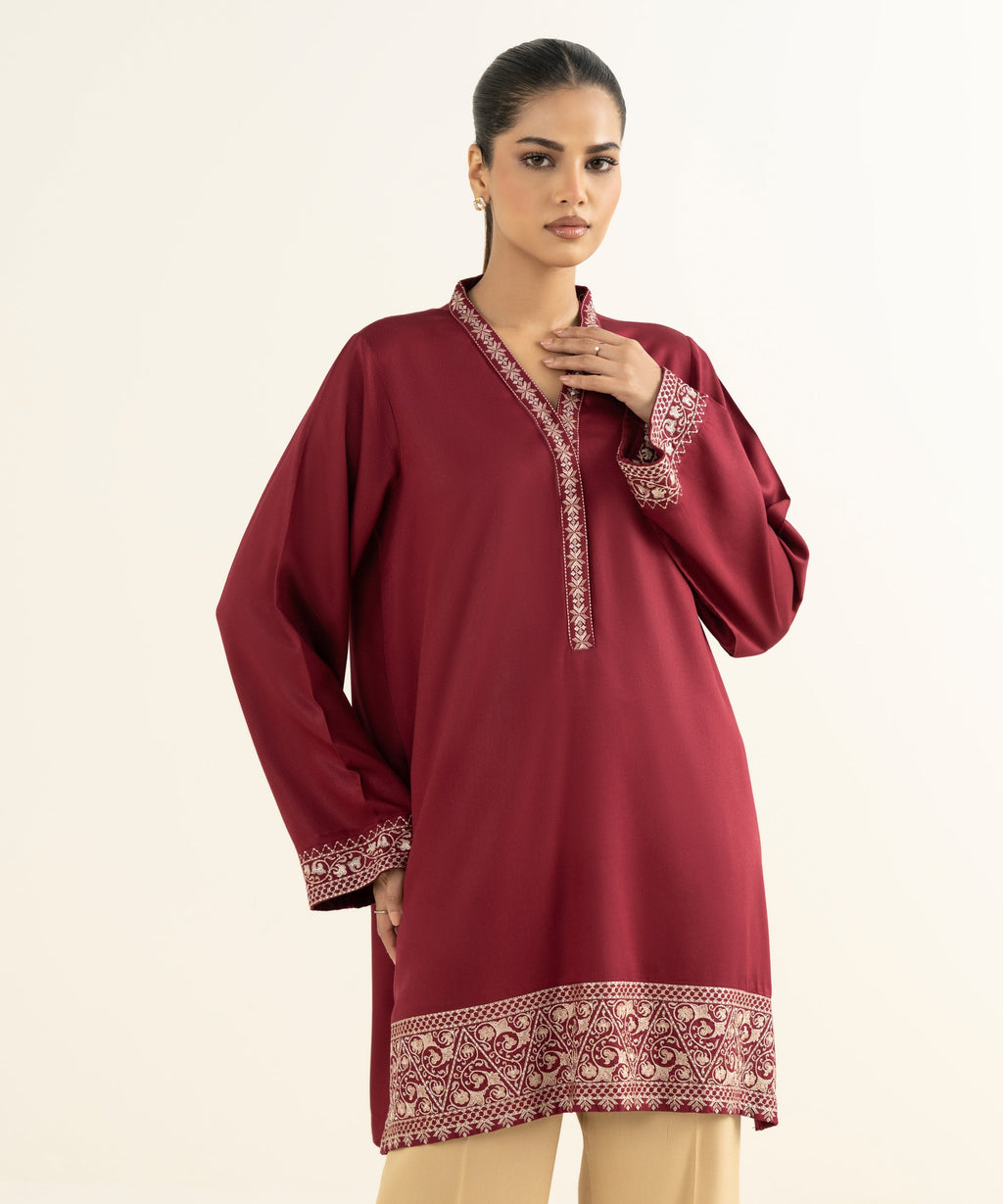 Women's RTW Bedford  Embroidered Maroon Straight Shirt