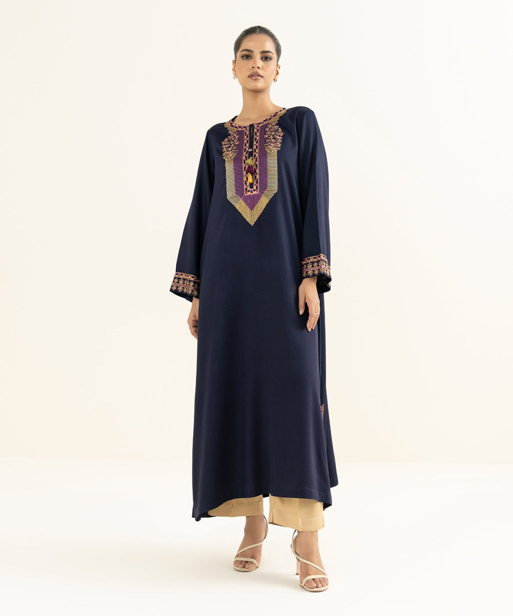Women's RTW Bedford  Embroidered Blue Straight Shirt