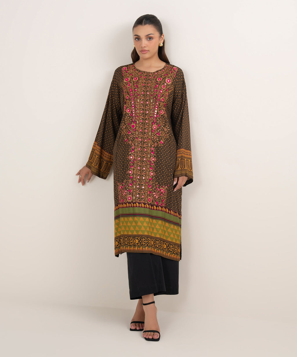 Women's RTW Arabic Lawn Black Printed Drop Shoulder Shirt