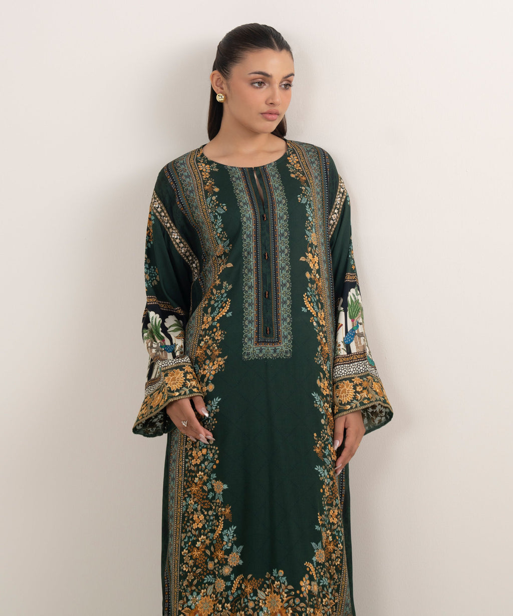 Women's RTW Arabic Lawn Green Printed Drop Shoulder Shirt
