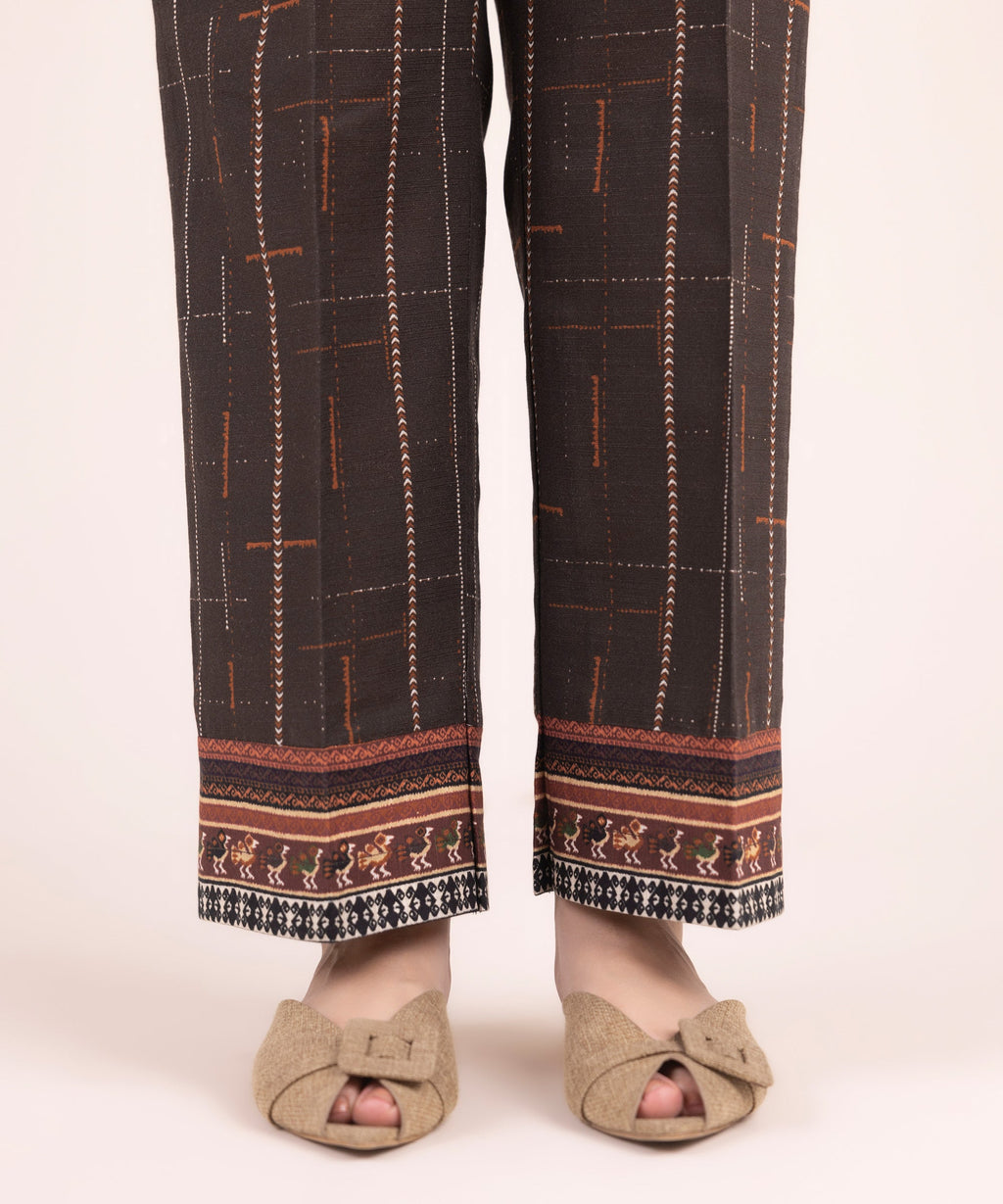 Women's RTW Khaddar Printed Brown Straight Pants