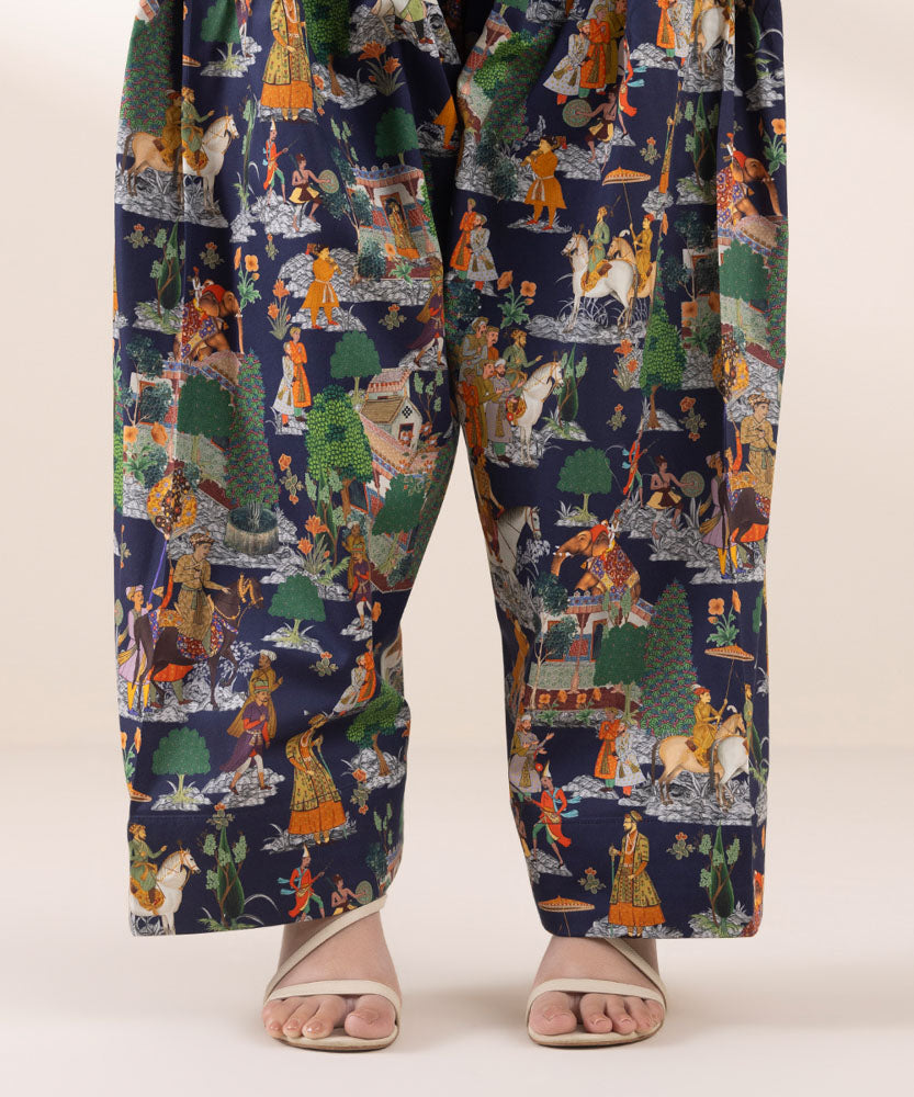 Women's Pret Navy Blue 2 Piece Printed Cotton Satin Suit