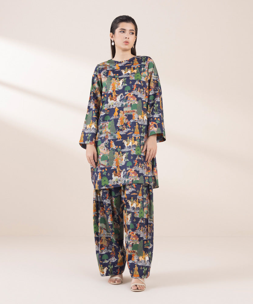 Women's Pret Navy Blue 2 Piece Printed Cotton Satin Suit