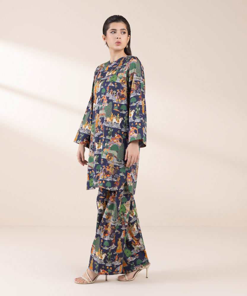Women's Pret Navy Blue 2 Piece Printed Cotton Satin Suit
