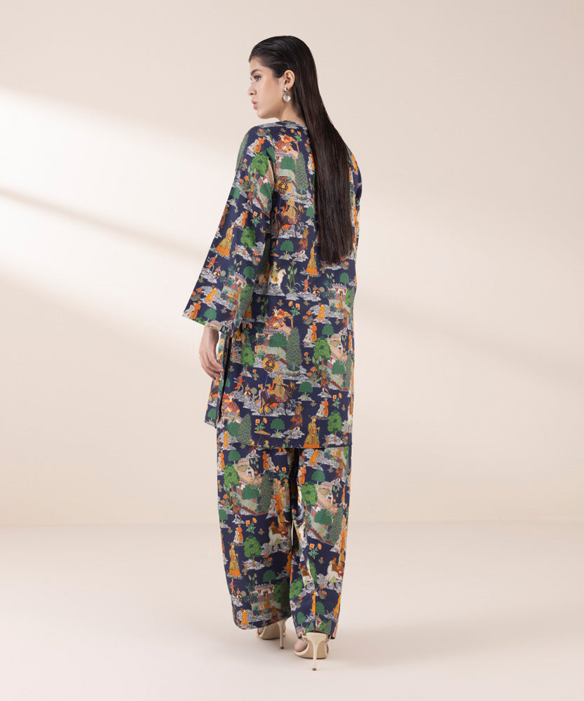 Women's Pret Navy Blue 2 Piece Printed Cotton Satin Suit