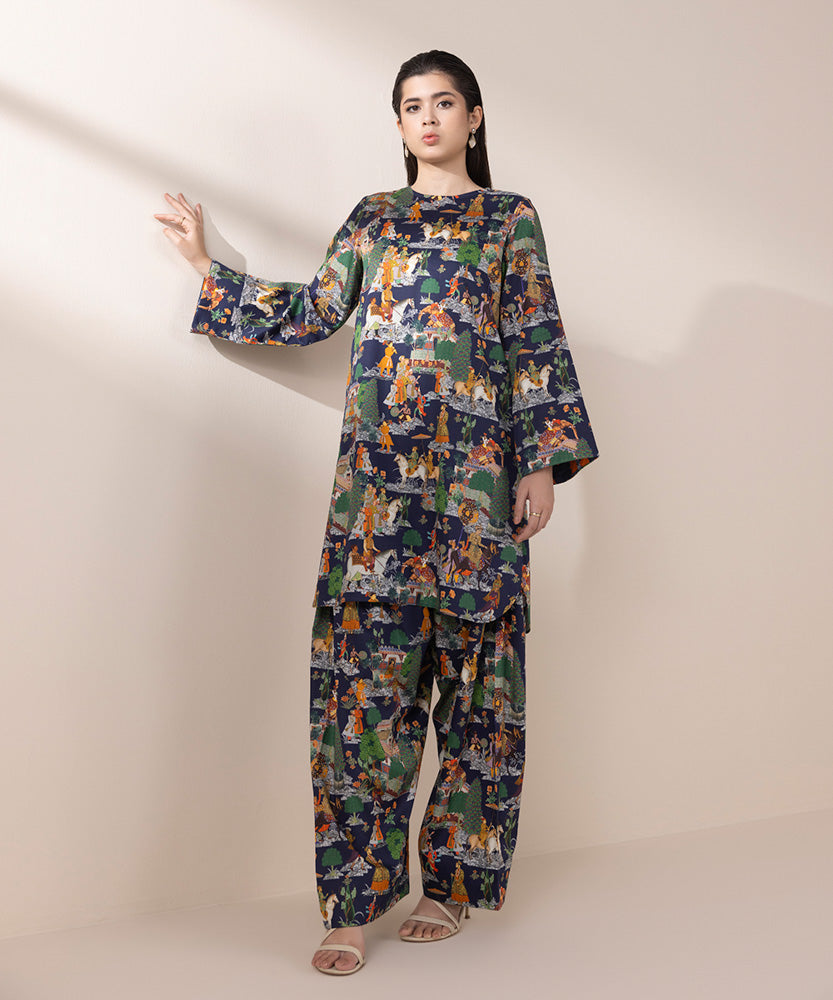 Women's Pret Navy Blue 2 Piece Printed Cotton Satin Suit