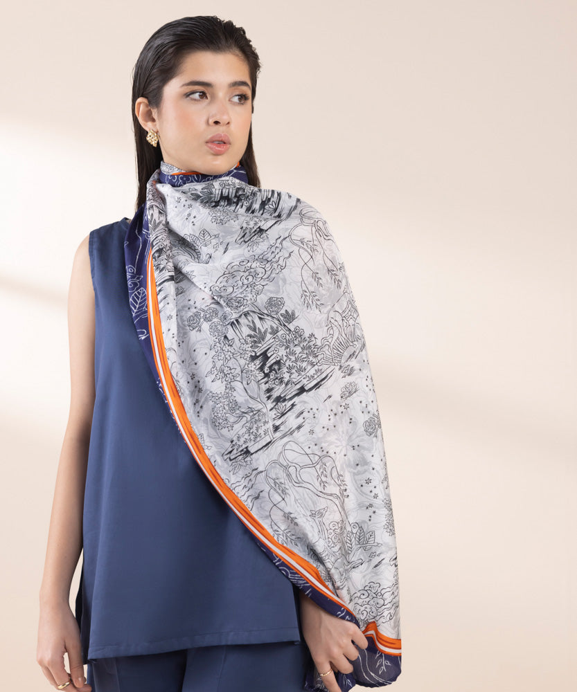 Women's Pret Light Grey Printed Silk Dupatta