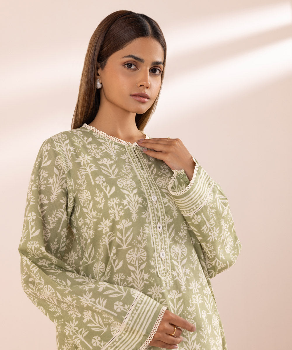 Women's Pret Textured Lawn Green Printed Straight Shirt