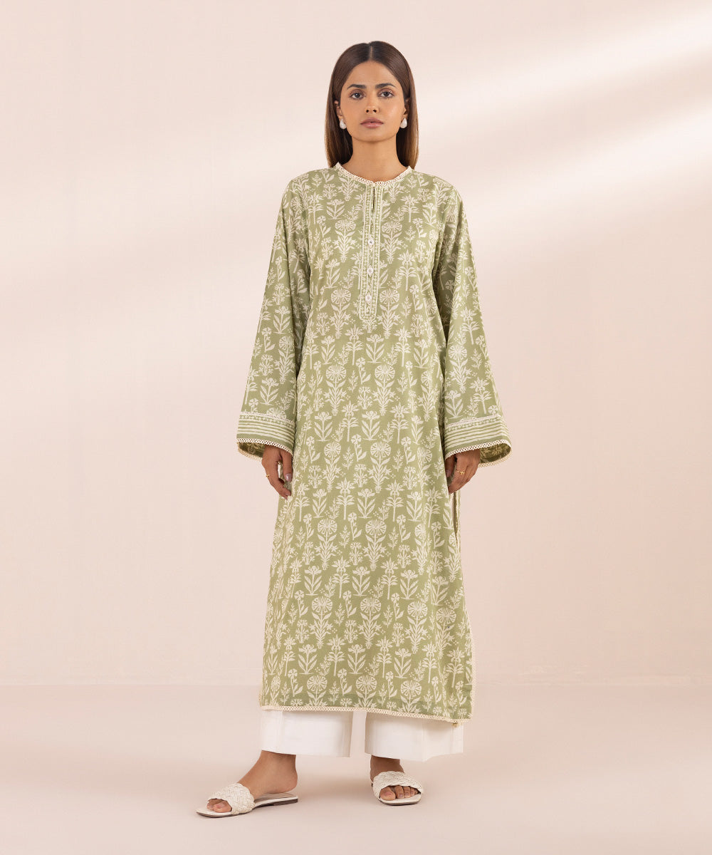 Women's Pret Textured Lawn Green Printed Straight Shirt