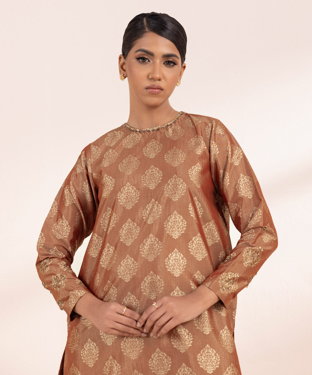 Women's Pret Fancy Jacquard Dyed Brown A-Line Shirt