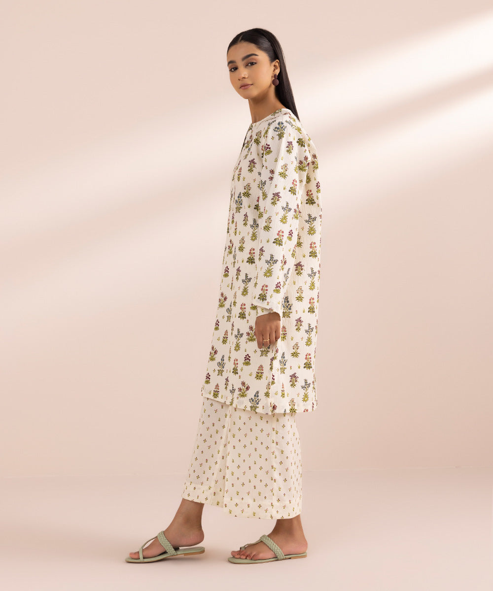 Women's Pret Seersucker Off White Printed Boxy Shirt