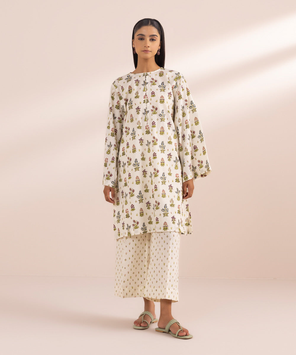 Women's Pret Seersucker Off White Printed Boxy Shirt