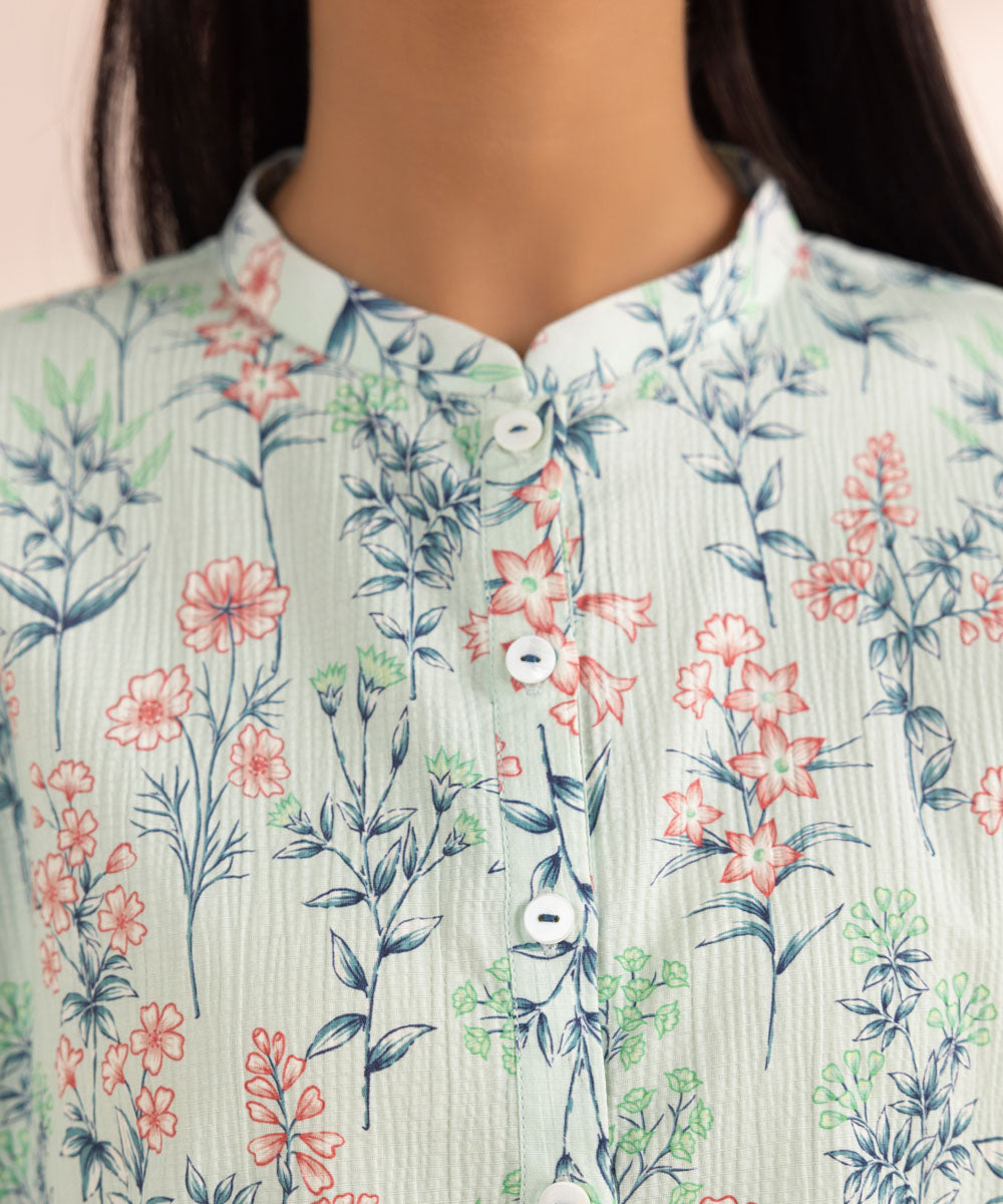 Women's Pret Seersucker Blue Printed Straight Shirt