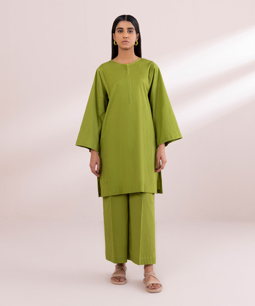 Women's Pret Seersucker Green Solid Straight Shirt