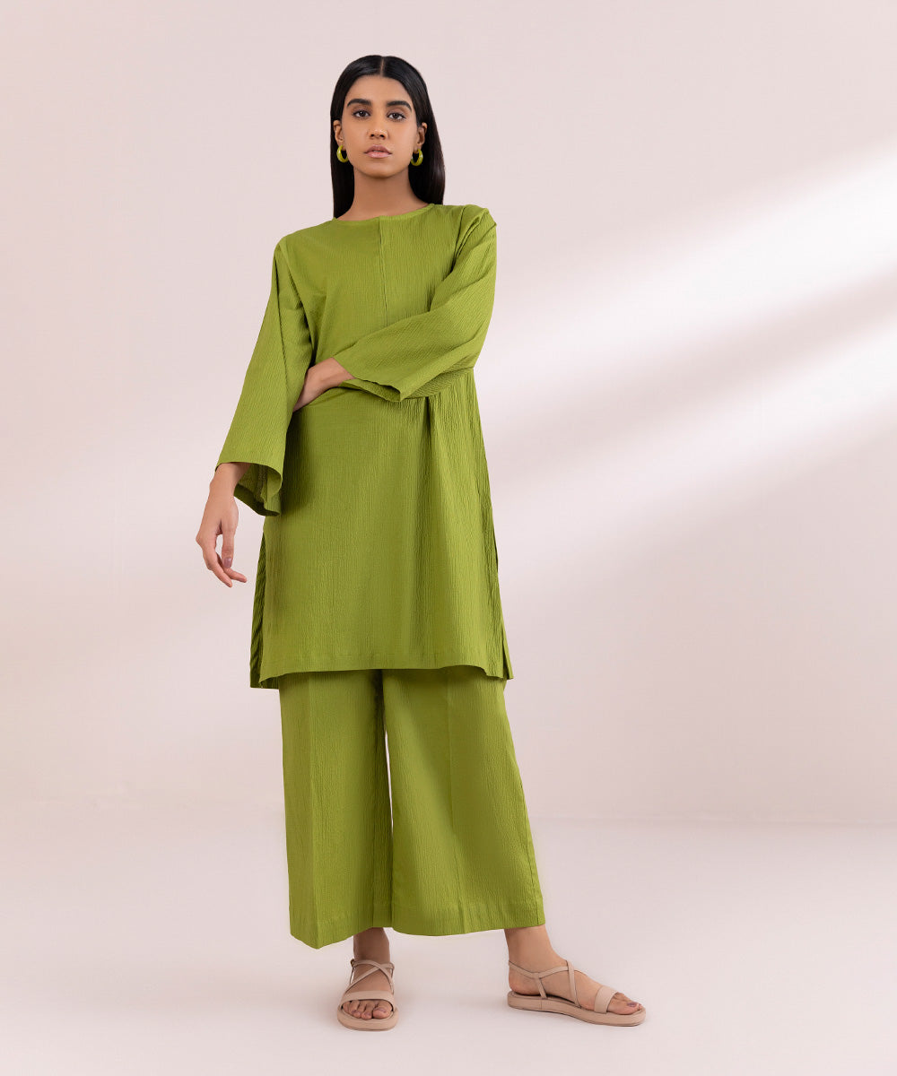 Women's Pret Seersucker Green Solid Straight Shirt