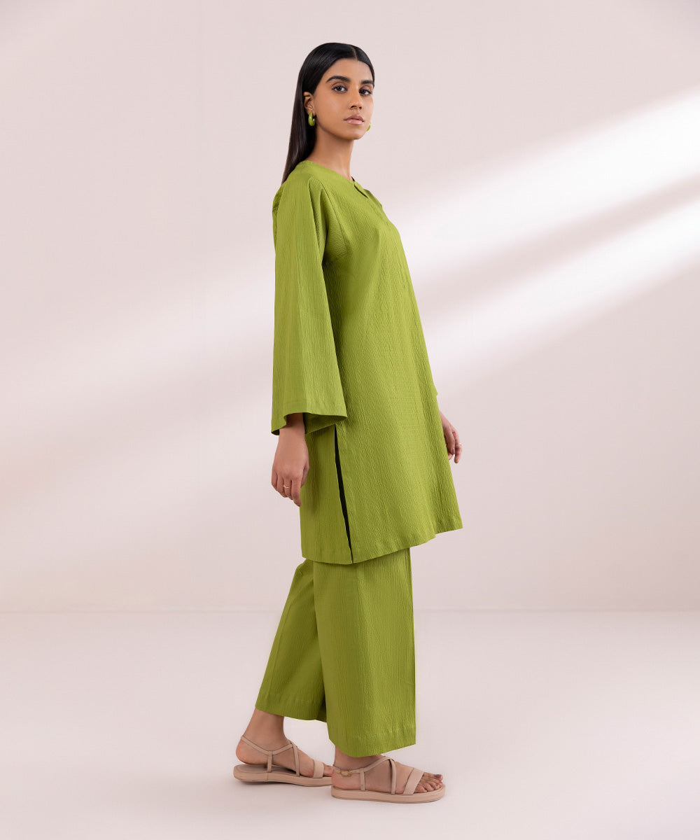 Women's Pret Seersucker Green Solid Straight Shirt