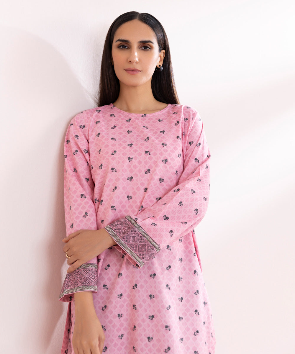 Women's Pret Cotton Pink Printed A-Line Shirt