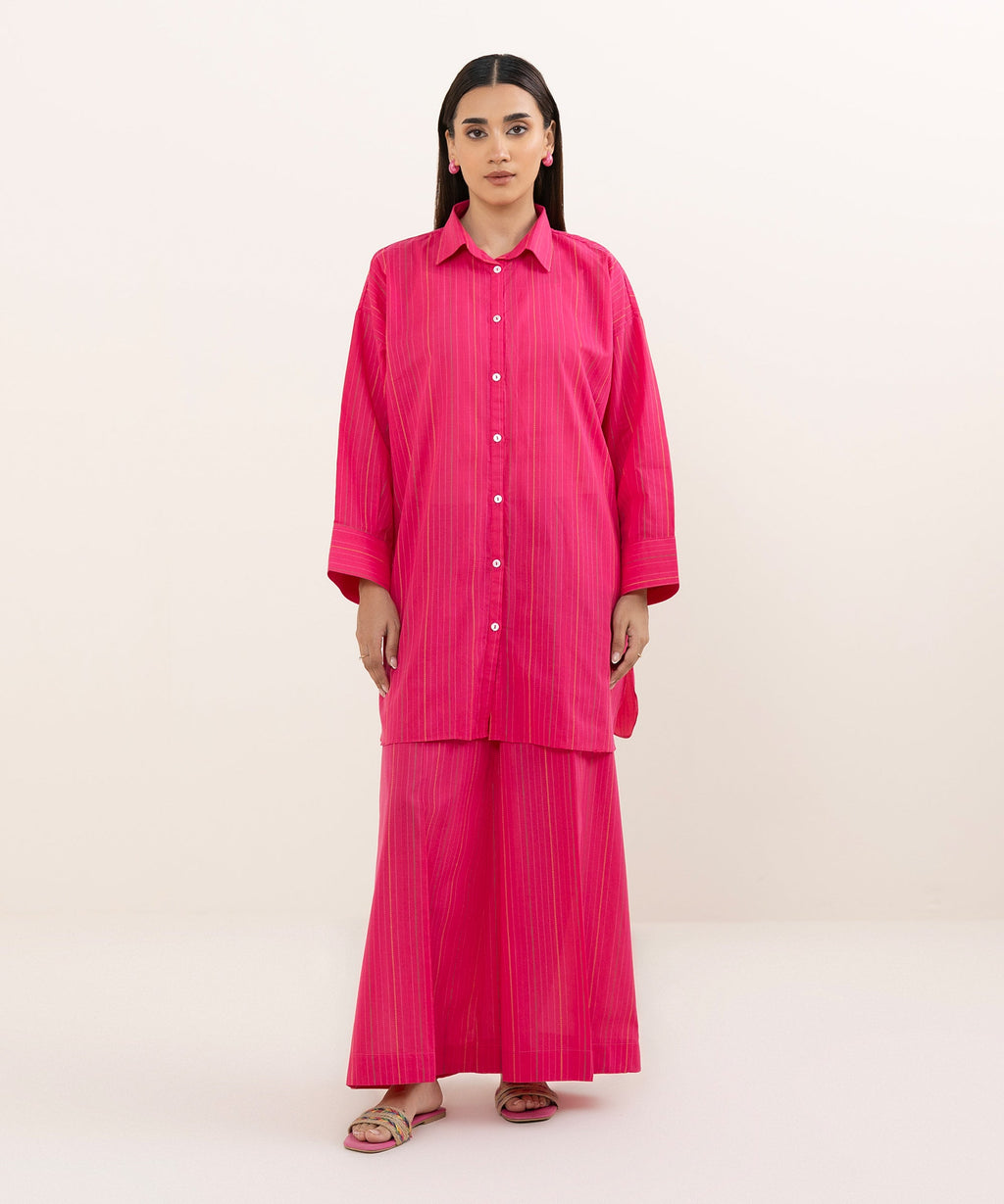 Women's RTW Dobby Pink Solid Button Down Shirt