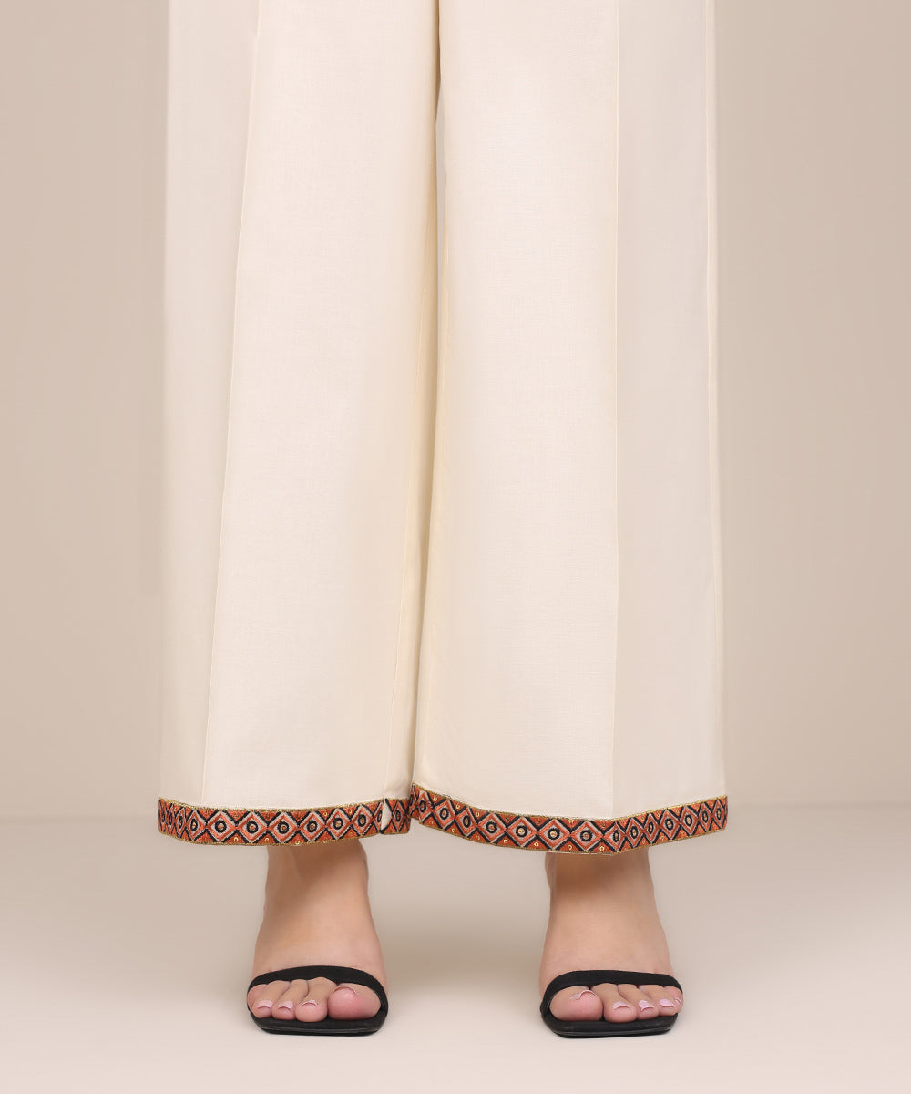 Women's Pret Cotton Viscose Off White Embroidered Culottes