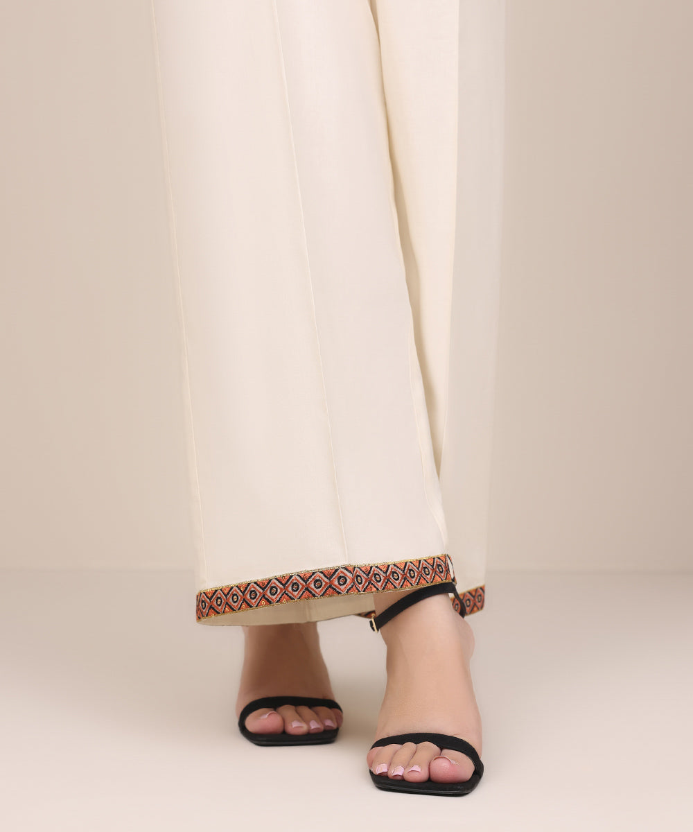 Women's Pret Cotton Viscose Off White Embroidered Culottes