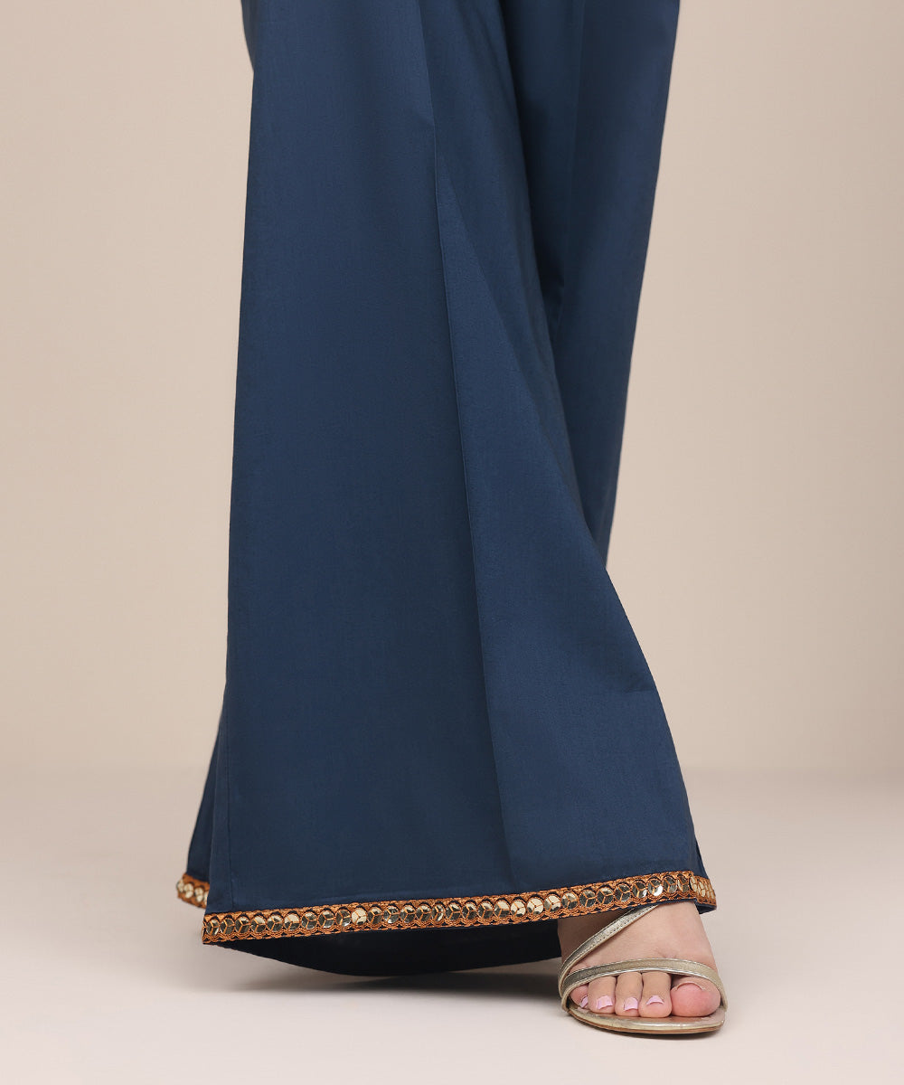 Women's Pret Cotton Viscose Blue Embroidered Culottes