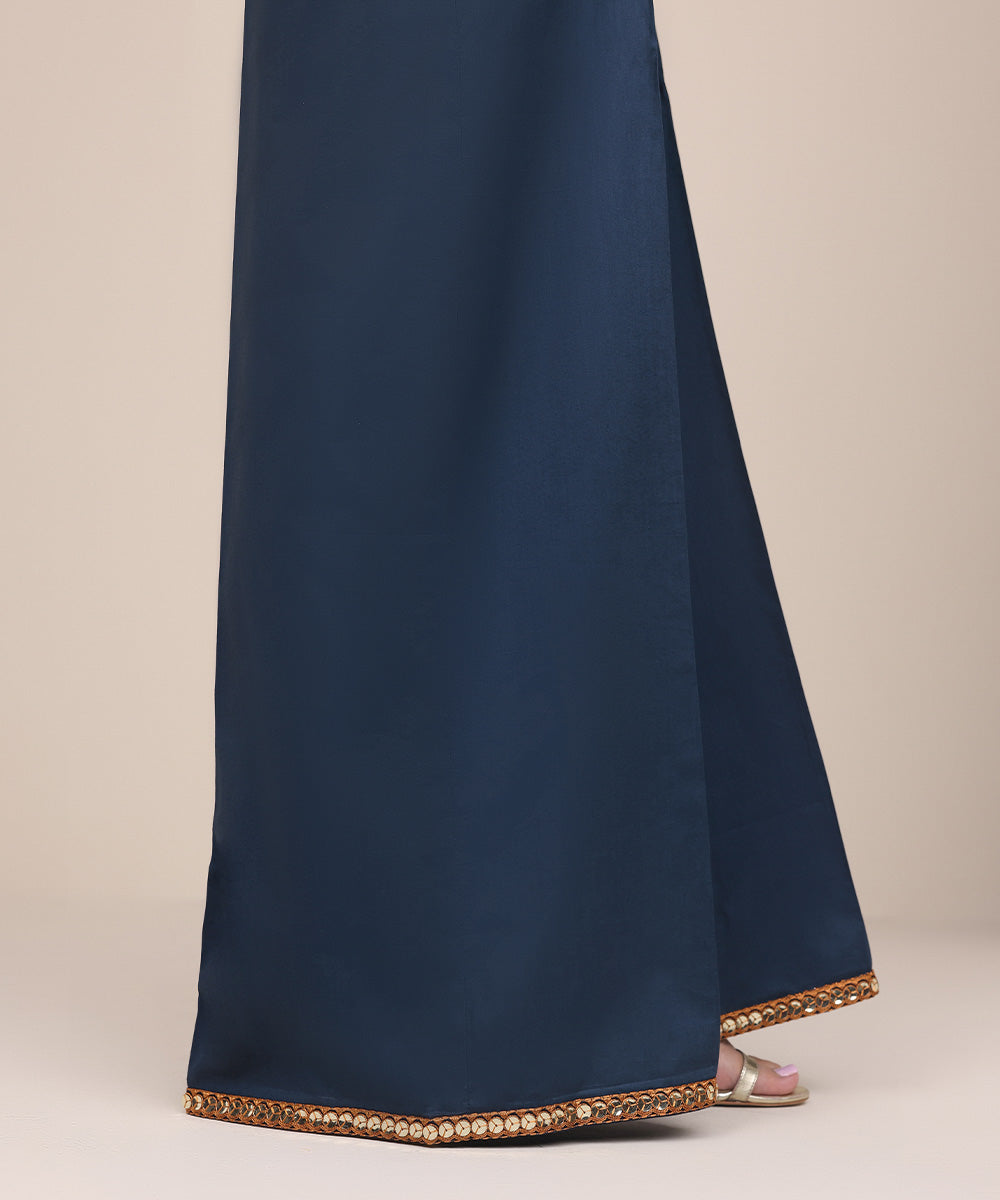 Women's Pret Cotton Viscose Blue Embroidered Culottes