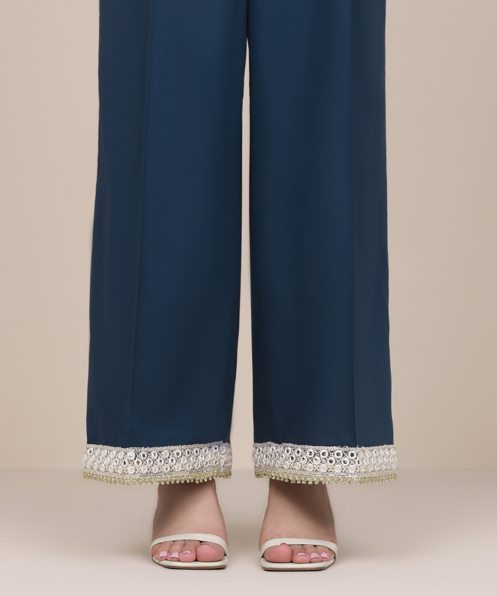 Women's Pret Cotton Viscose Blue Embroidered Culottes