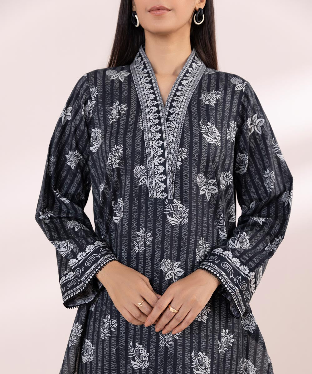 Women's Pret Textured Lawn Black Printed A-Line Shirt