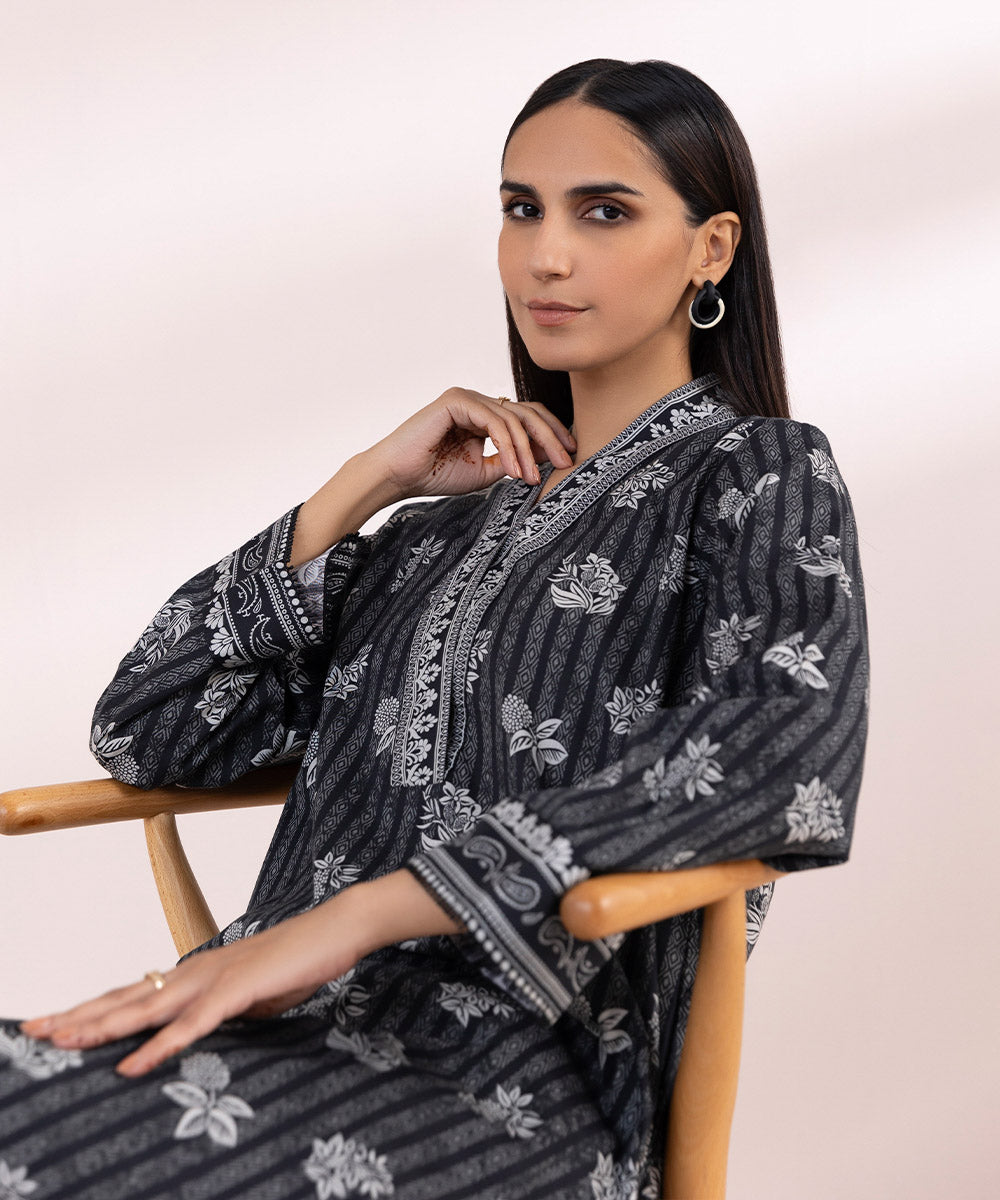 Women's Pret Textured Lawn Black Printed A-Line Shirt