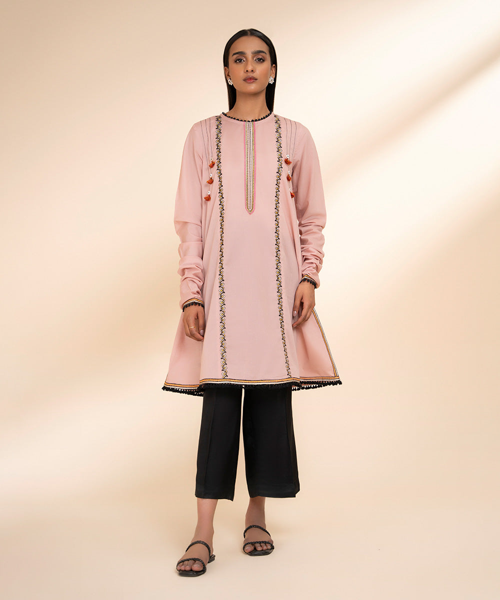 Women's Pret Textured Lawn Pink Solid Embroidered A-Line Shirt