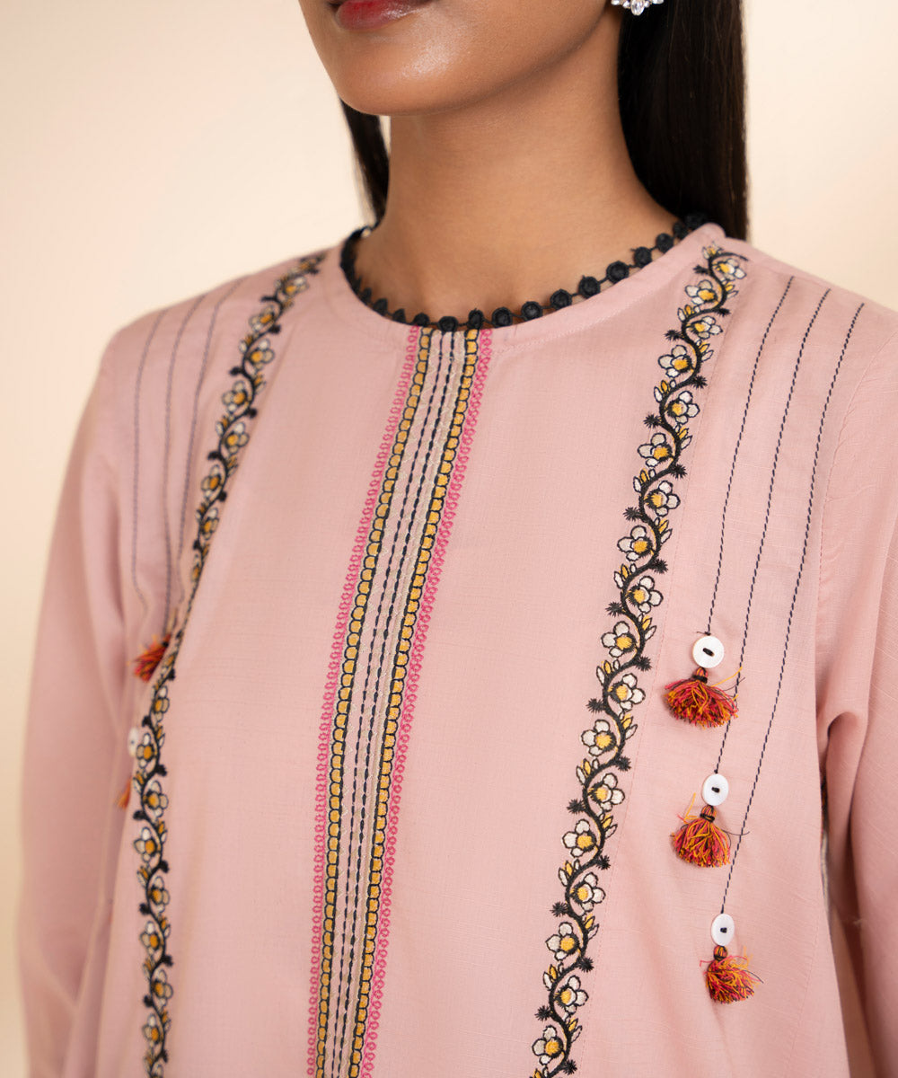 Women's Pret Textured Lawn Pink Solid Embroidered A-Line Shirt