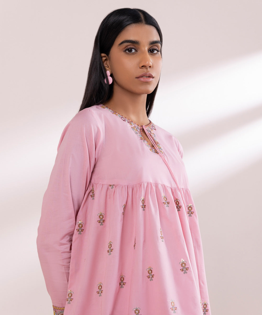 Women's Pret Textured Lawn Pink Solid Embroidered A-Line Shirt