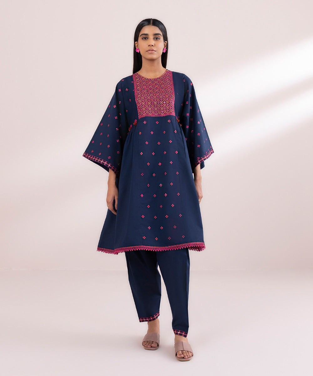 Women's Pret Textured Lawn Blue Solid Embroidered A-Line Shirt