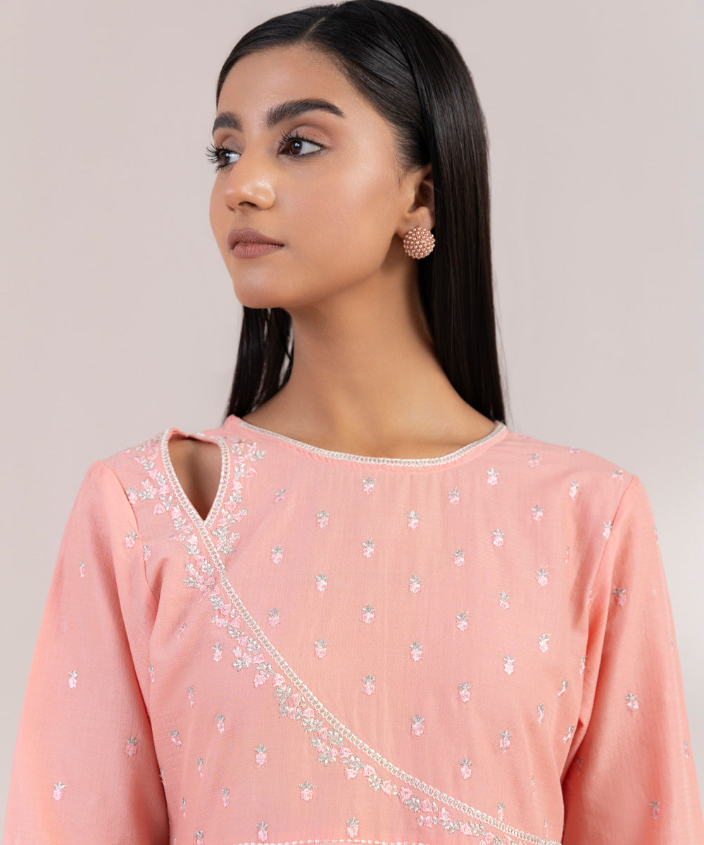 Women's Pret Dobby Embroidered Pink A-Line Shirt