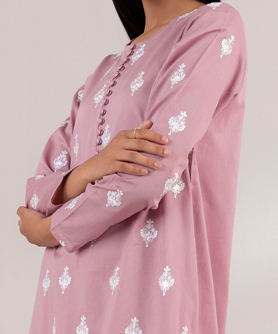 Women's Pret Dobby Embroidered Pink A-Line Shirt