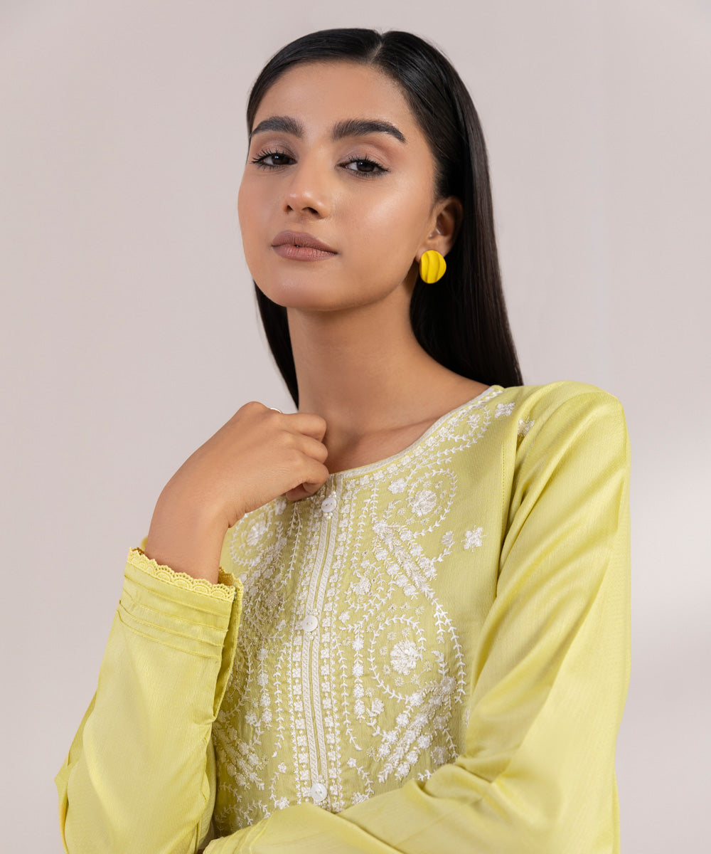 Women's Pret Dobby Embroidered Yellow A-Line Shirt