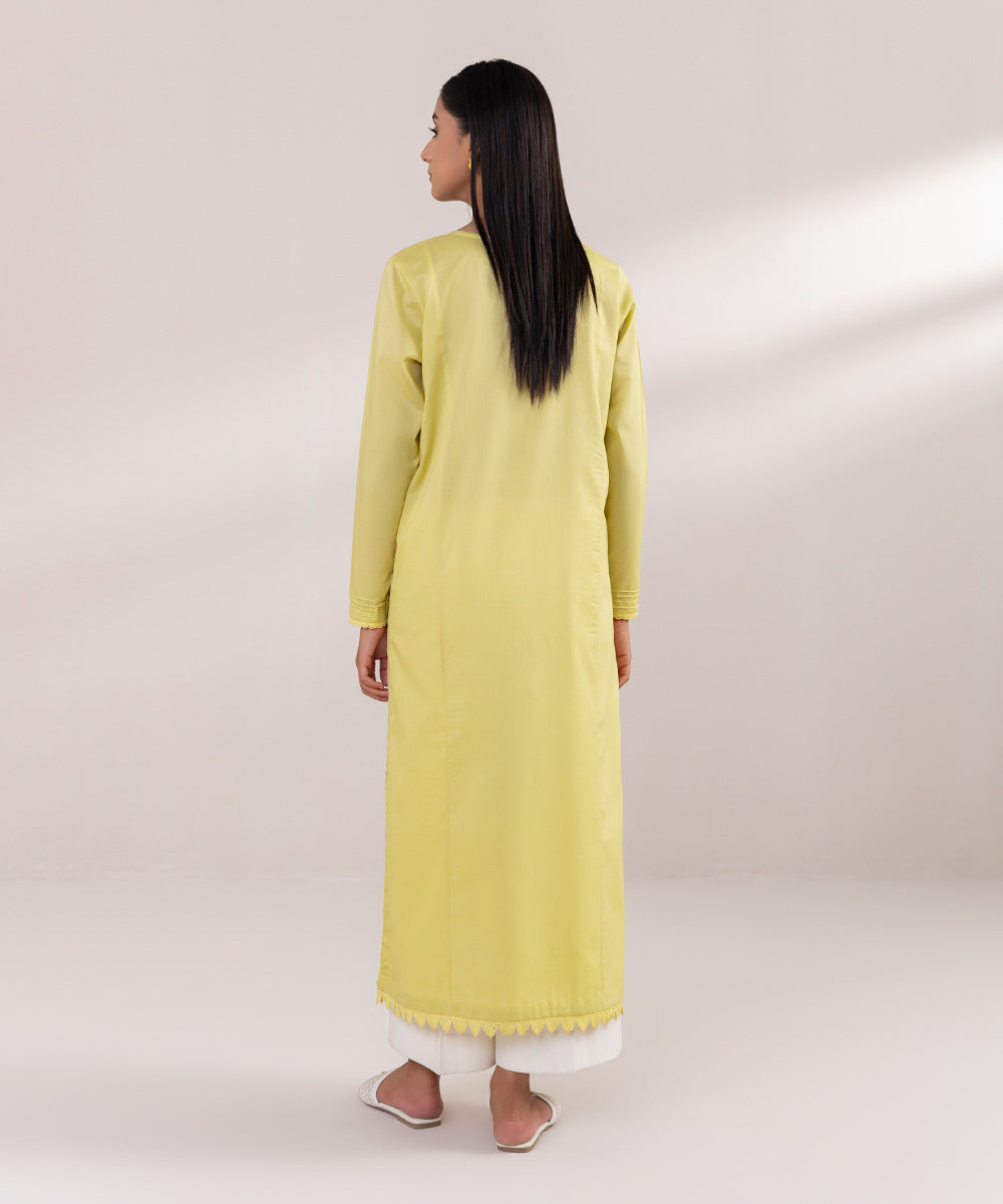 Women's Pret Dobby Embroidered Yellow A-Line Shirt