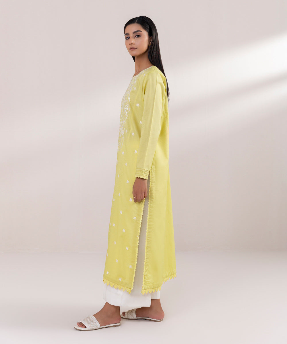 Women's Pret Dobby Embroidered Yellow A-Line Shirt