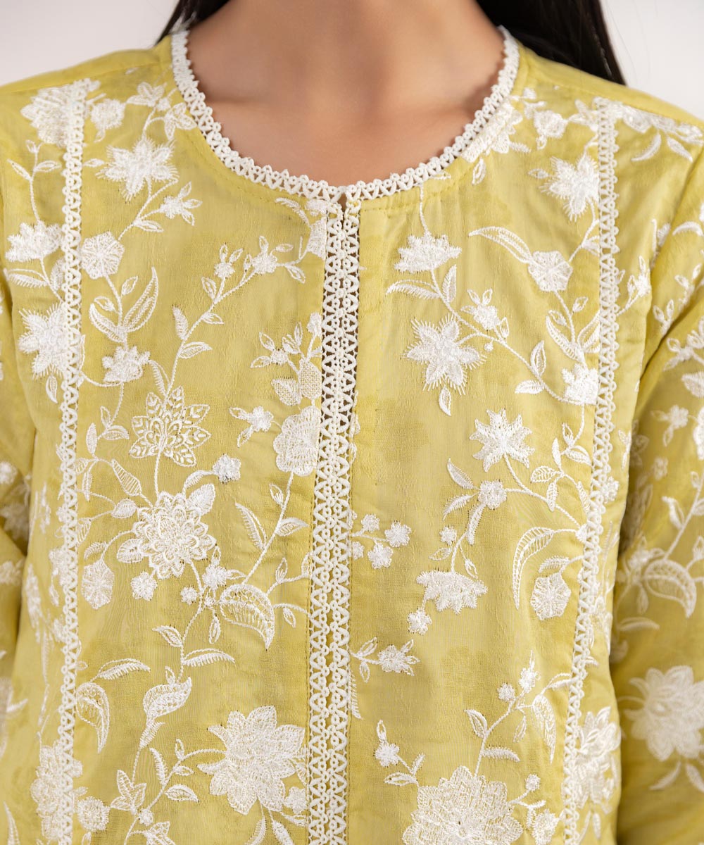 Women's Pret Cotton Jacquard Embroidered Yellow A-Line Shirt