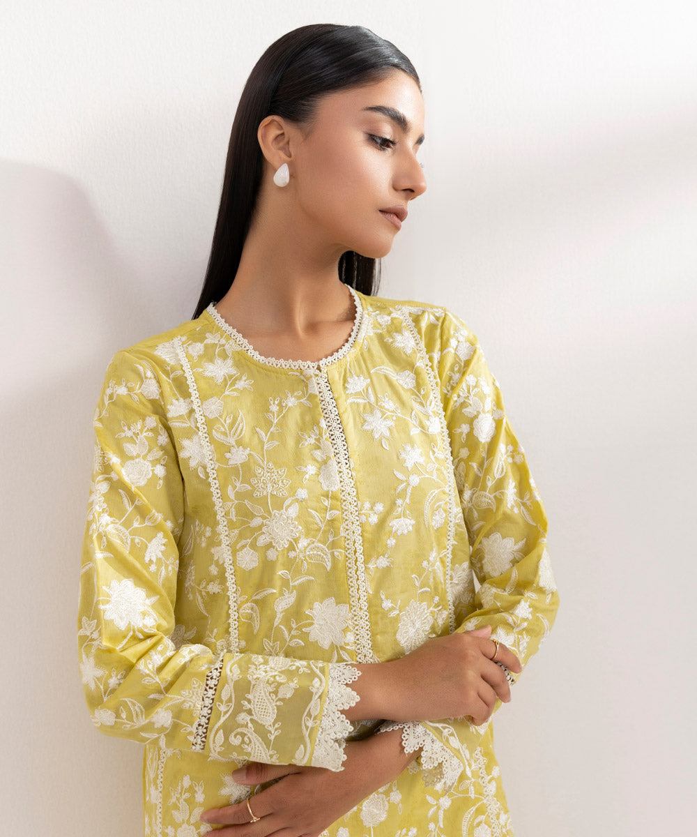 Women's Pret Cotton Jacquard Embroidered Yellow A-Line Shirt