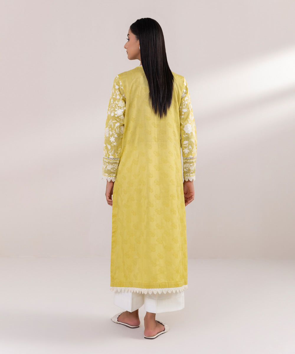 Women's Pret Cotton Jacquard Embroidered Yellow A-Line Shirt