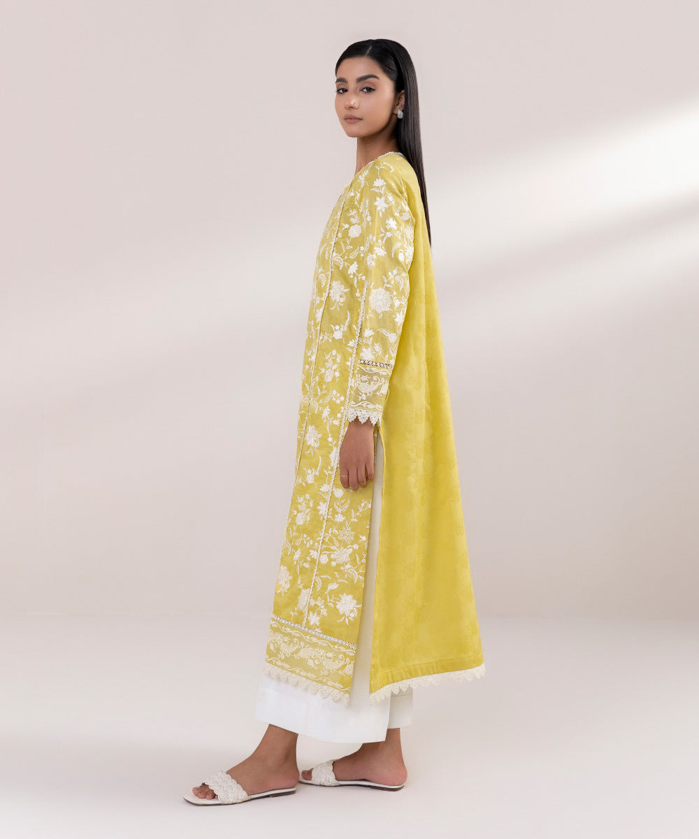 Women's Pret Cotton Jacquard Embroidered Yellow A-Line Shirt