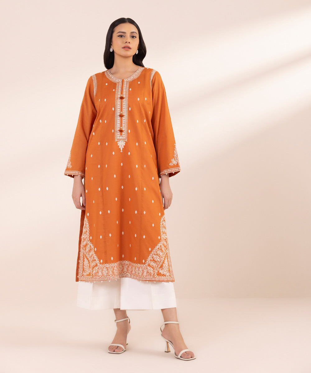 Women's Pret Lawn Embroidered Burnt Orange A-Line Shirt