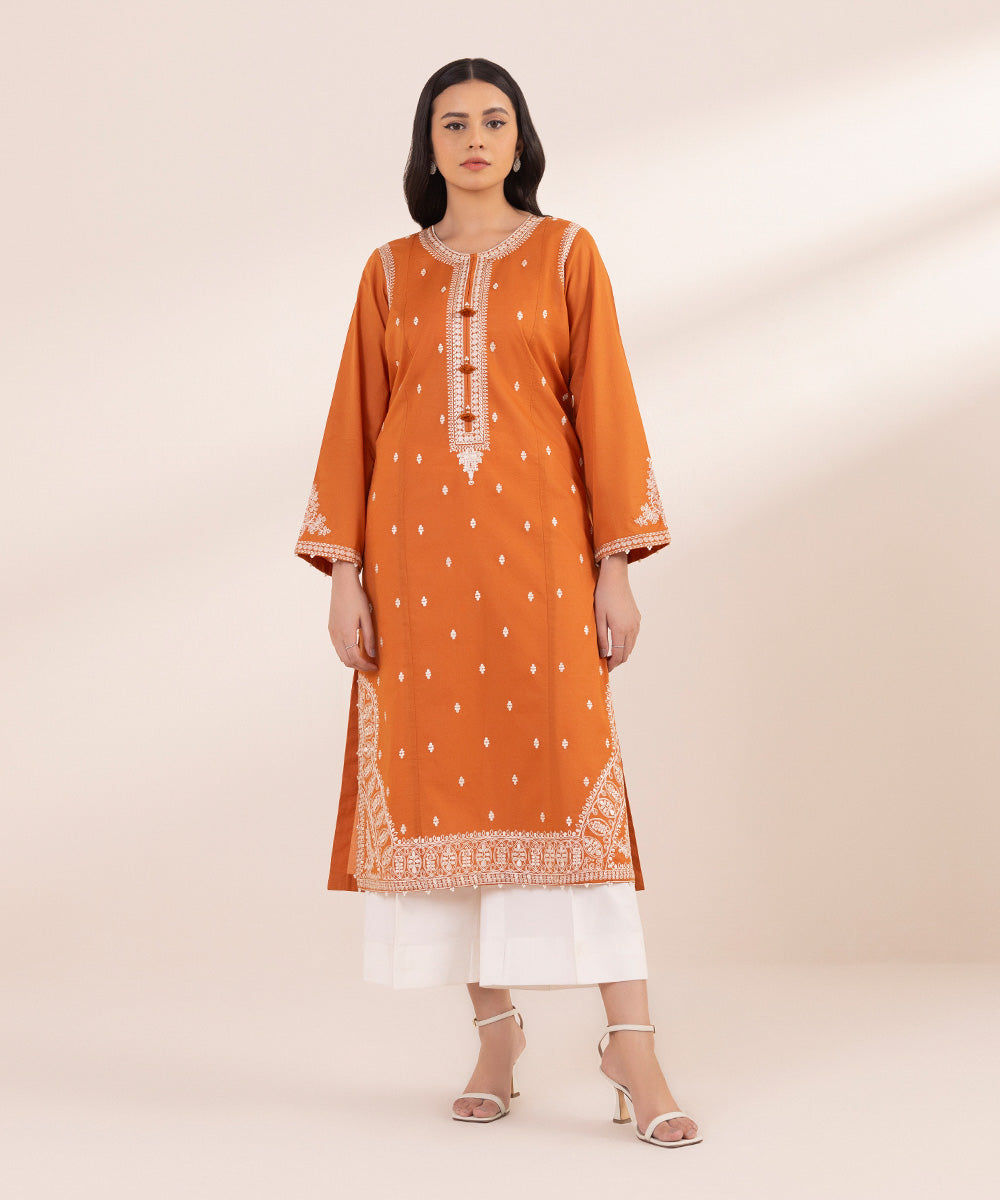 Women's Pret Lawn Embroidered Burnt Orange A-Line Shirt