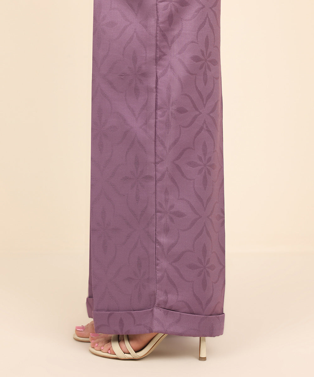 Women's Pret Cotton Jacquard Purple Solid Straight Pants