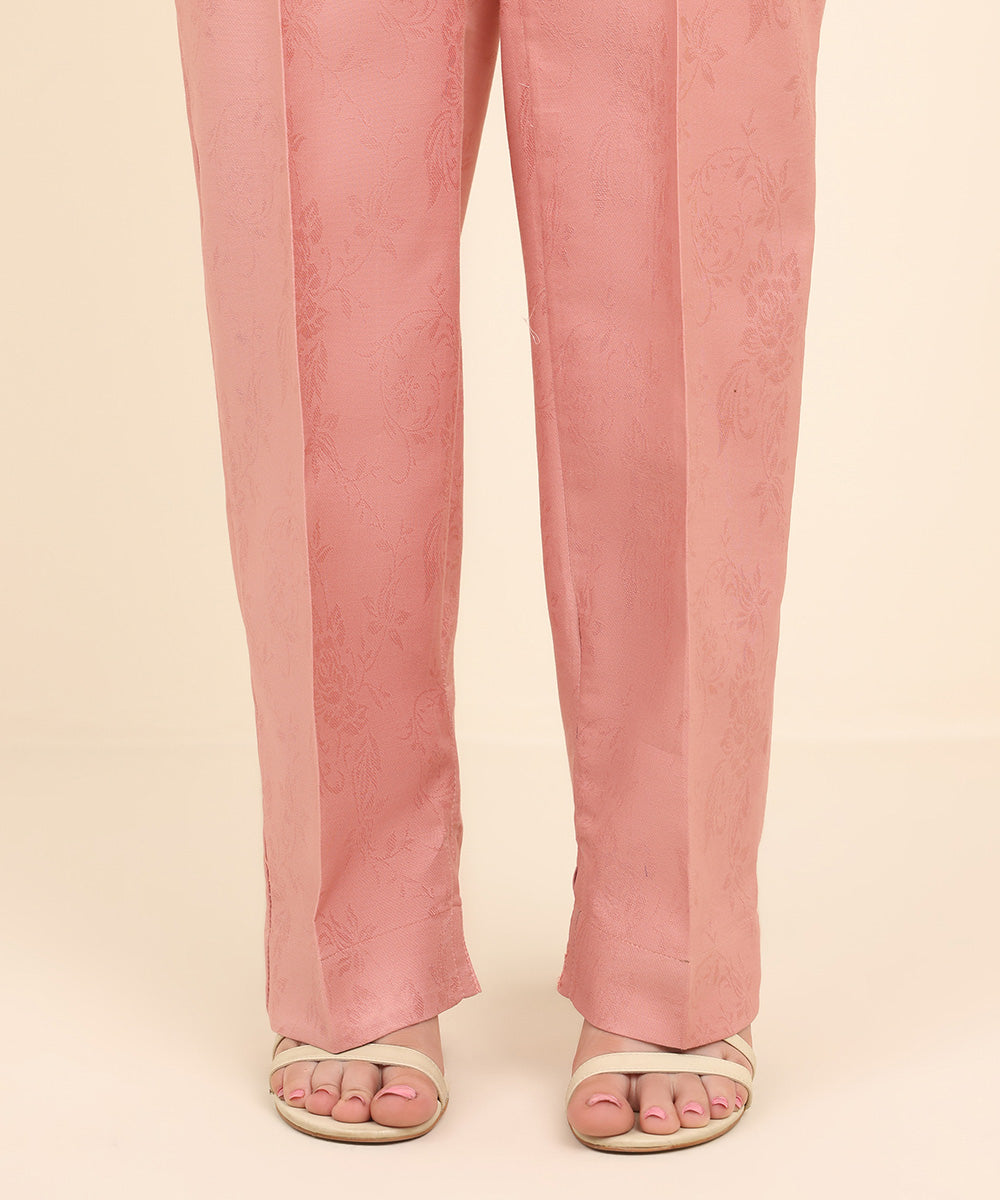 Women's Pret Cotton Jacquard Pink Solid Straight Pants