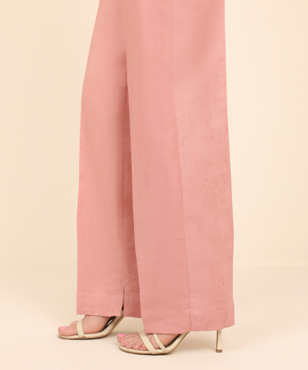 Women's Pret Cotton Jacquard Pink Solid Straight Pants