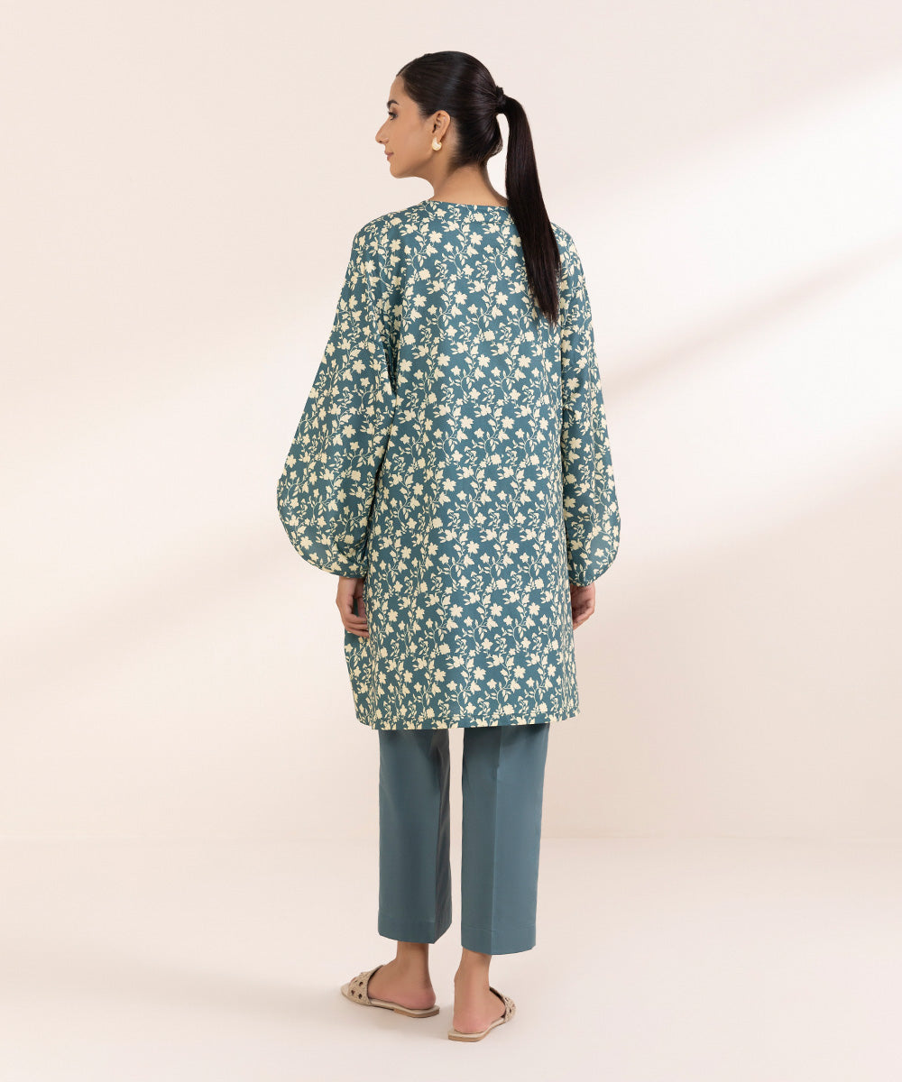 Women's Pret Cambric Printed Green Boxy Shirt