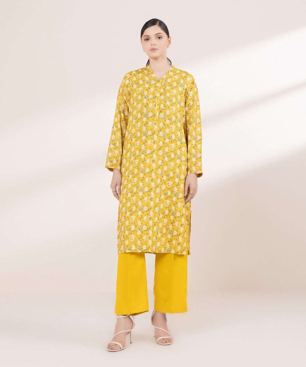 Women's Pret Linen Printed Yellow Straight Shirt